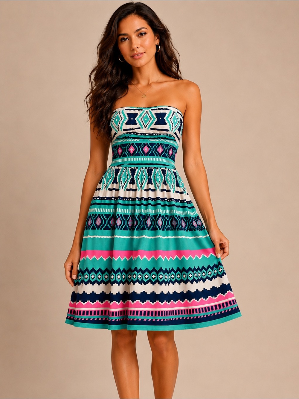 Strapless Tribal Print Sundress in Teal & Pink